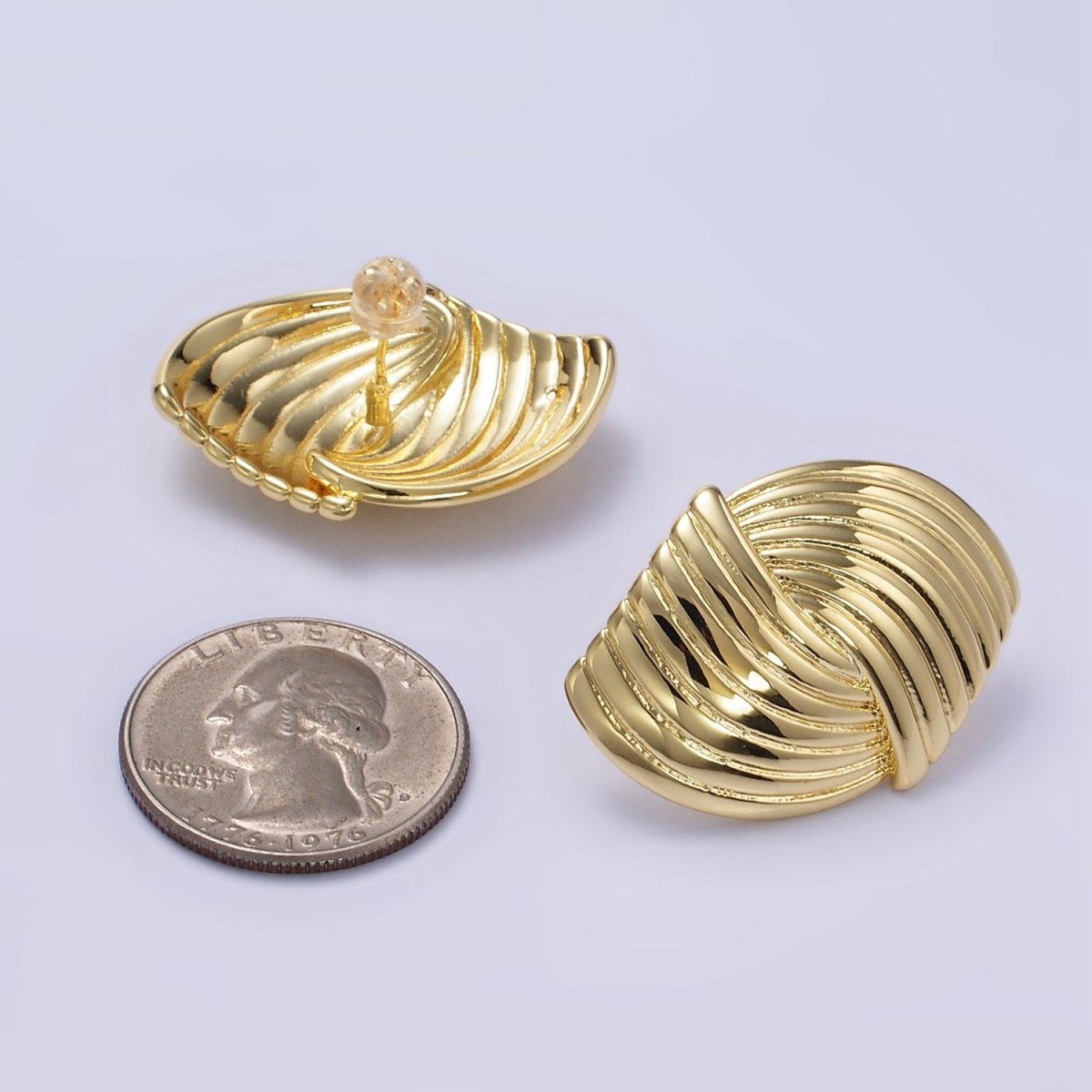 24K Gold Filled Double Curved Puffed Lined Geometric Stud Earrings in Gold & Silver | T314 T315