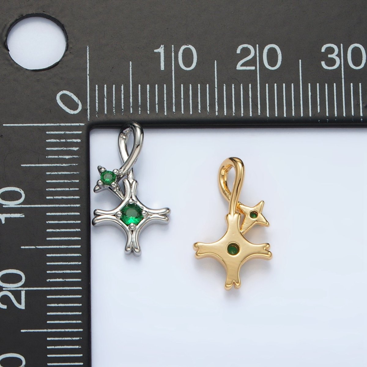 24K Gold Filled Double Green CZ Celestial Star Charm in Gold & Silver | AA1513