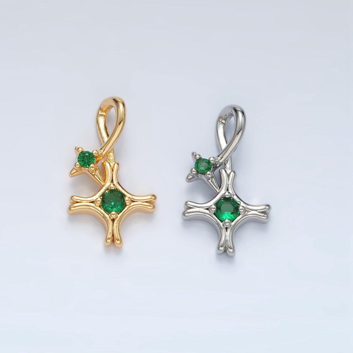 24K Gold Filled Double Green CZ Celestial Star Charm in Gold & Silver | AA1513