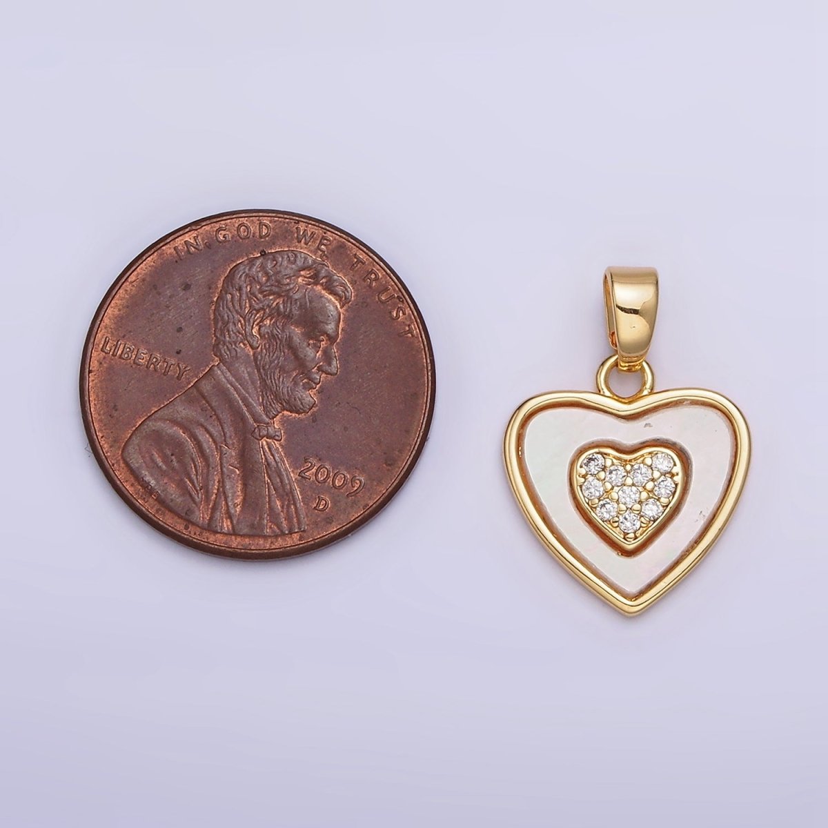 24K Gold Filled Double Heart Micro Paved CZ Shell Pearl Pendant | AA572 - DLUXCA