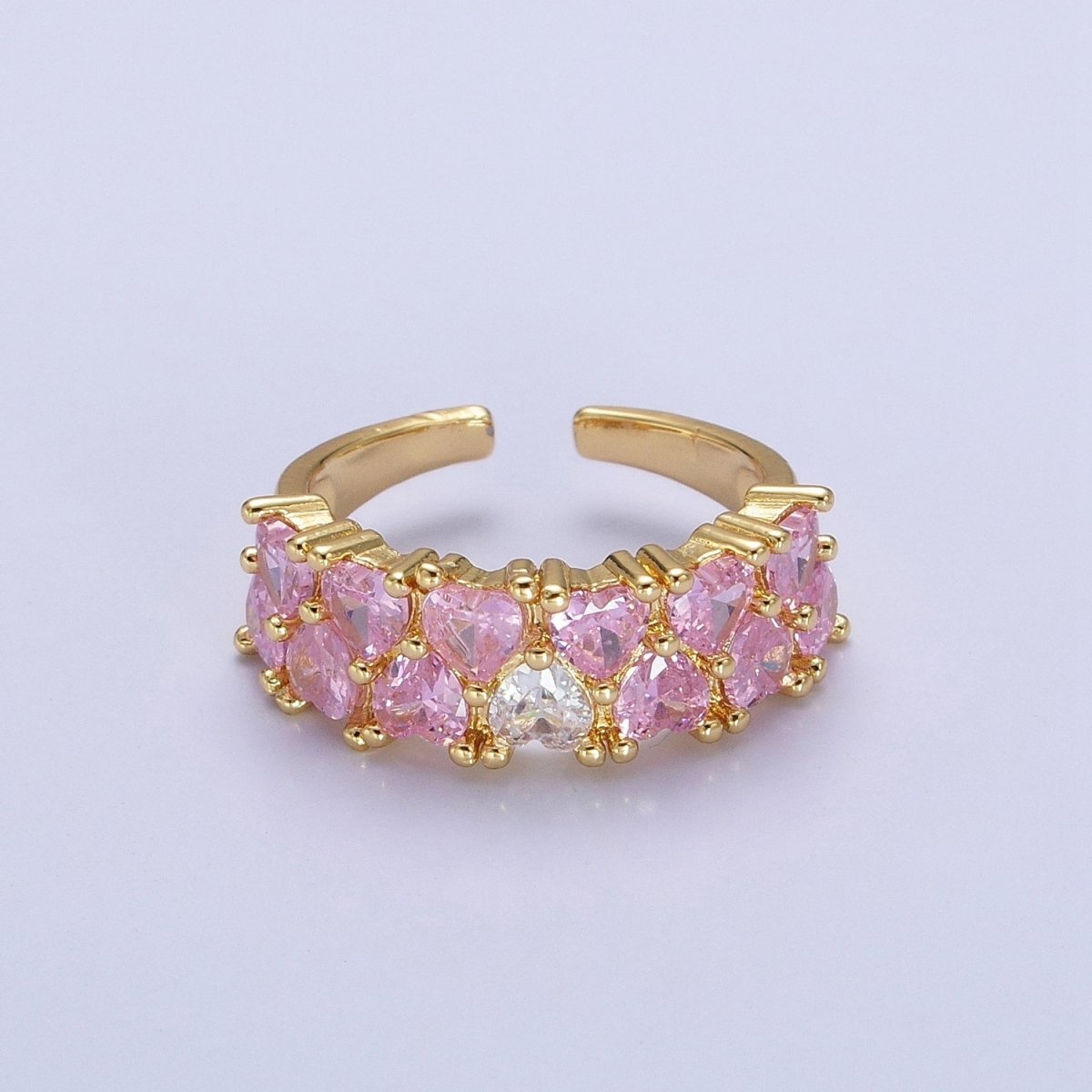 24K Gold Filled Double Pink Clear Hearts Band Adjustable Ring in Gold & Silver | R-258 R-273
