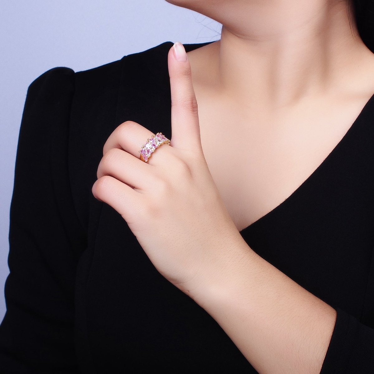 24K Gold Filled Double Pink Clear Hearts Band Adjustable Ring in Gold & Silver | R-258 R-273