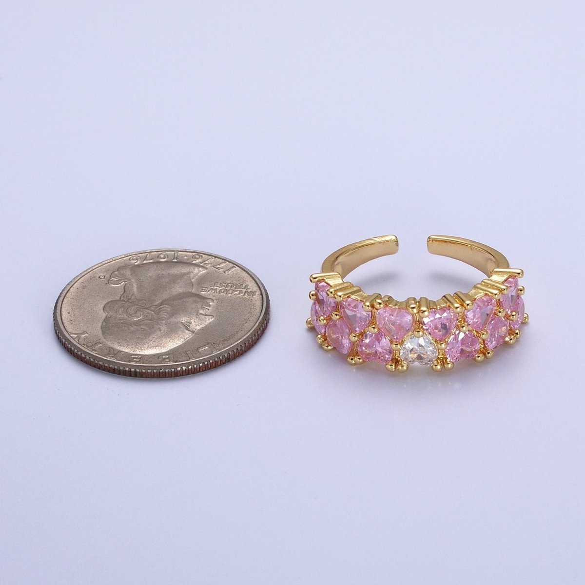 24K Gold Filled Double Pink Clear Hearts Band Adjustable Ring in Gold & Silver | R-258 R-273