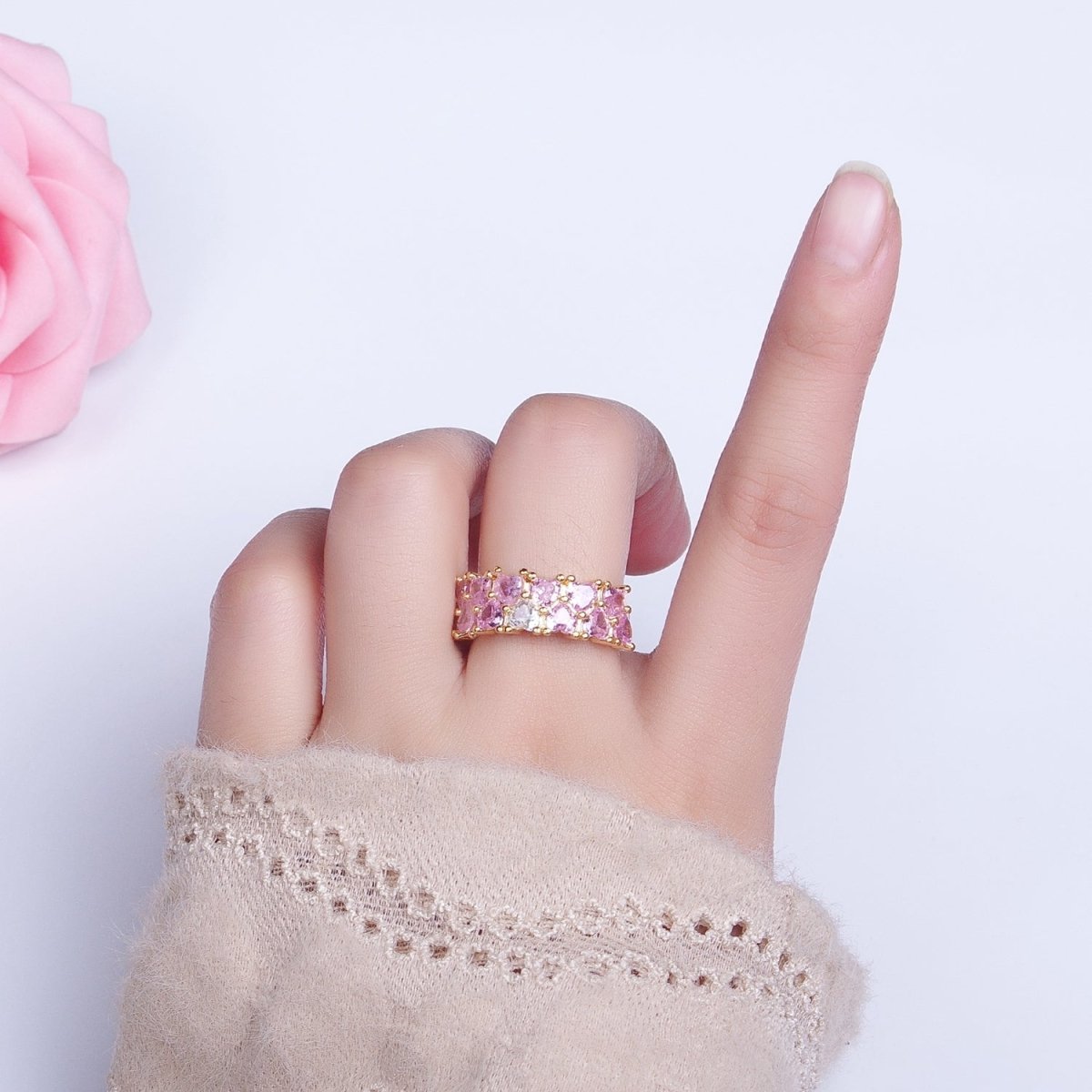 24K Gold Filled Double Pink Clear Hearts Band Adjustable Ring in Gold & Silver | R-258 R-273