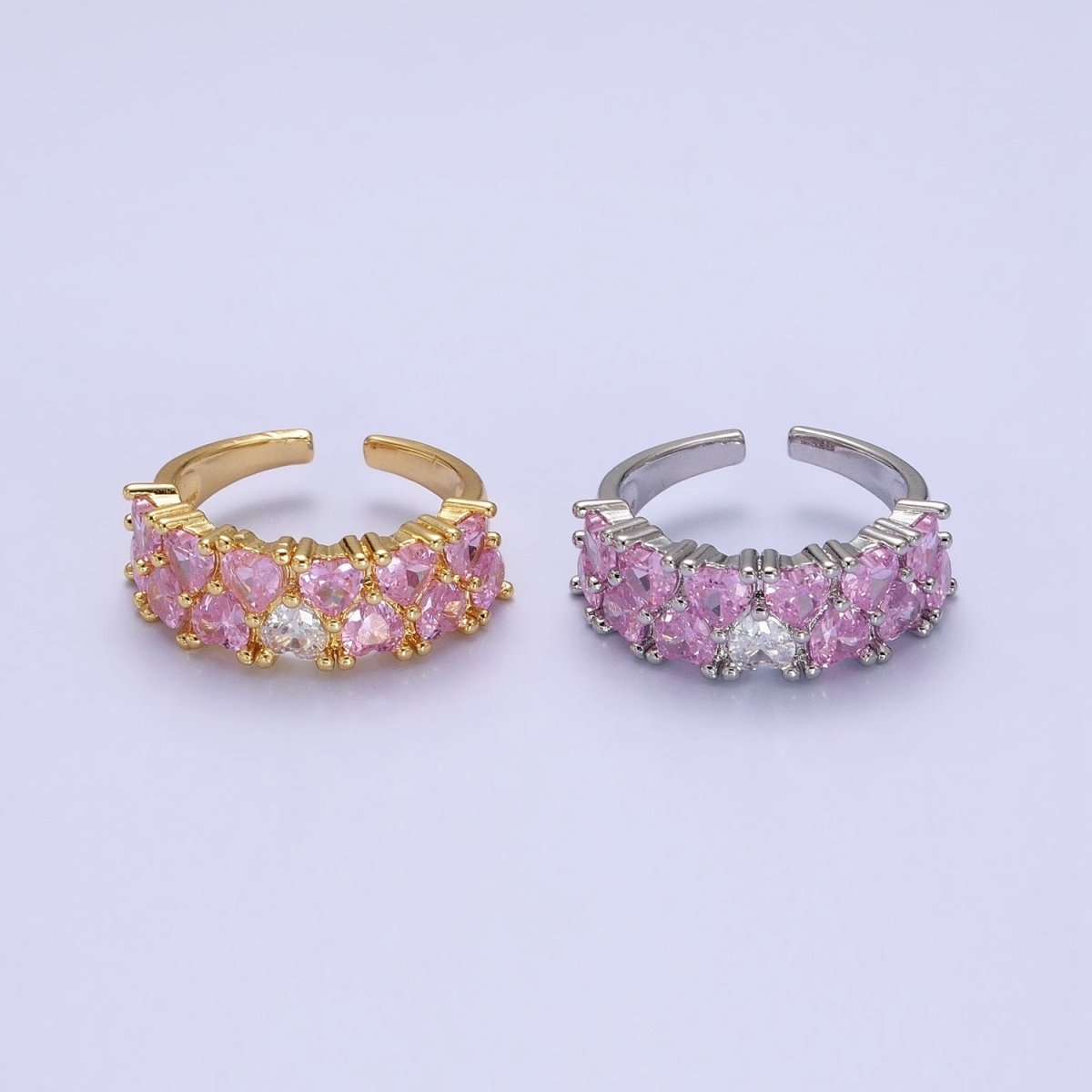 24K Gold Filled Double Pink Clear Hearts Band Adjustable Ring in Gold & Silver | R-258 R-273