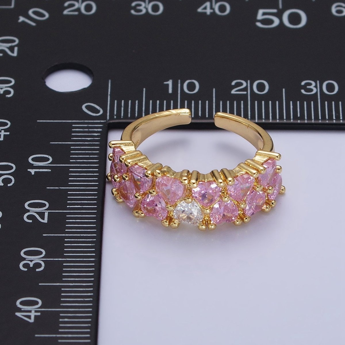 24K Gold Filled Double Pink Clear Hearts Band Adjustable Ring in Gold & Silver | R-258 R-273