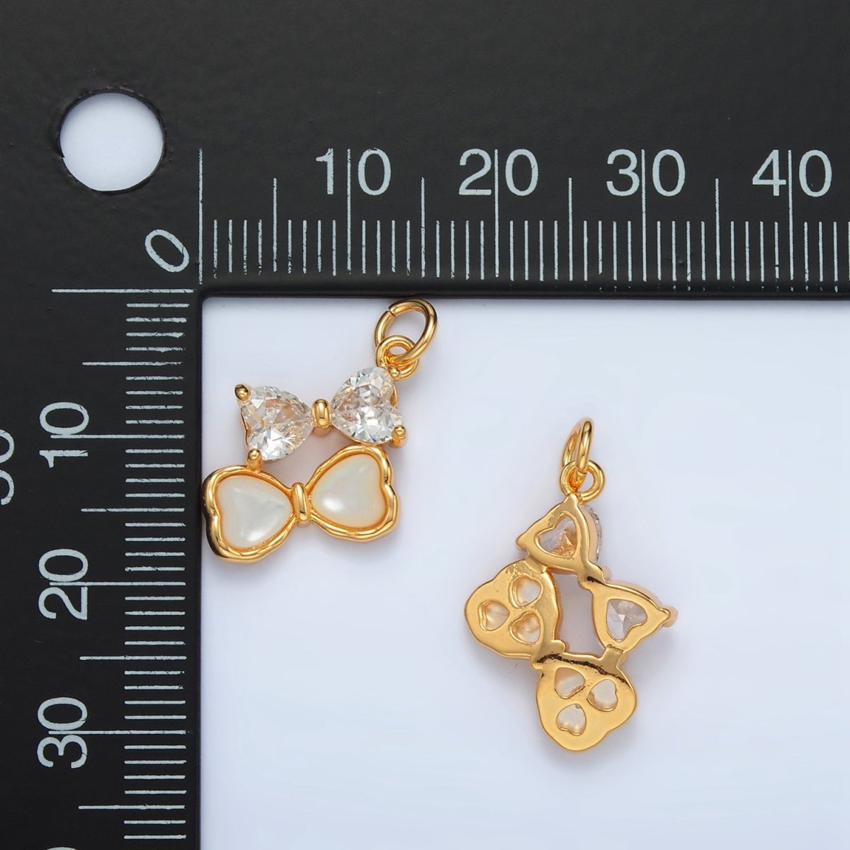24K Gold Filled Double Ribbon Bow Shell Pearl CZ Charm | AG934 - DLUXCA