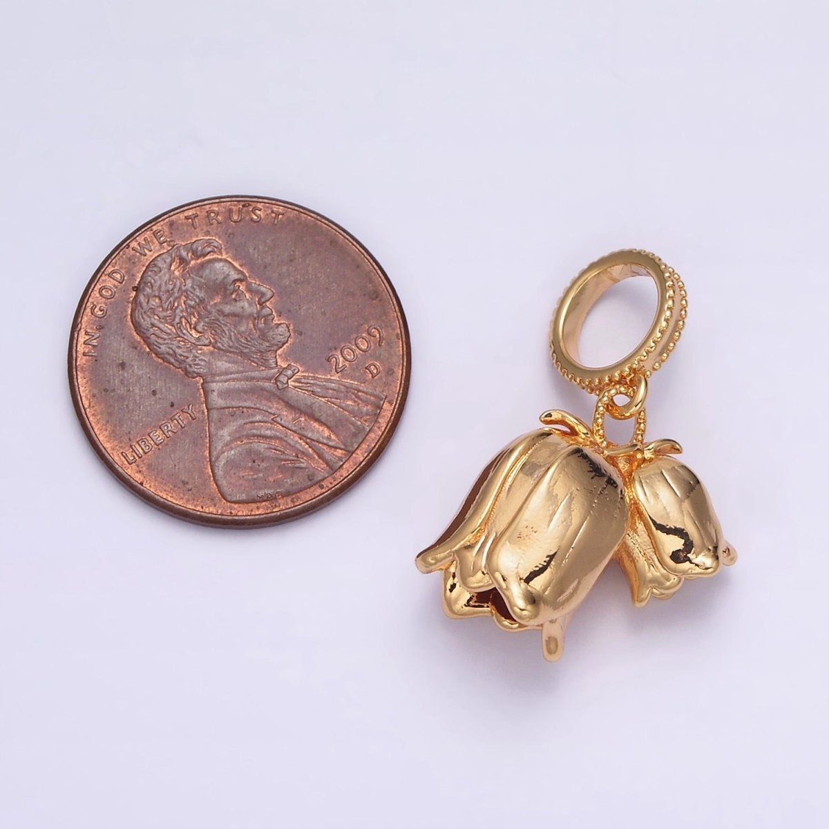 24K Gold Filled Double Rose Flower Beaded Thin Rhondelle Bail Pendant | AA570 - DLUXCA