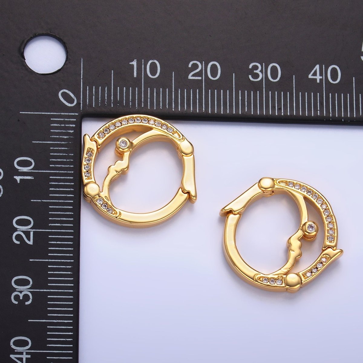 24K Gold Filled Double Sided Pull Closure Micro Paved CZ Celestial Moon Face Findings | Z1027 - DLUXCA