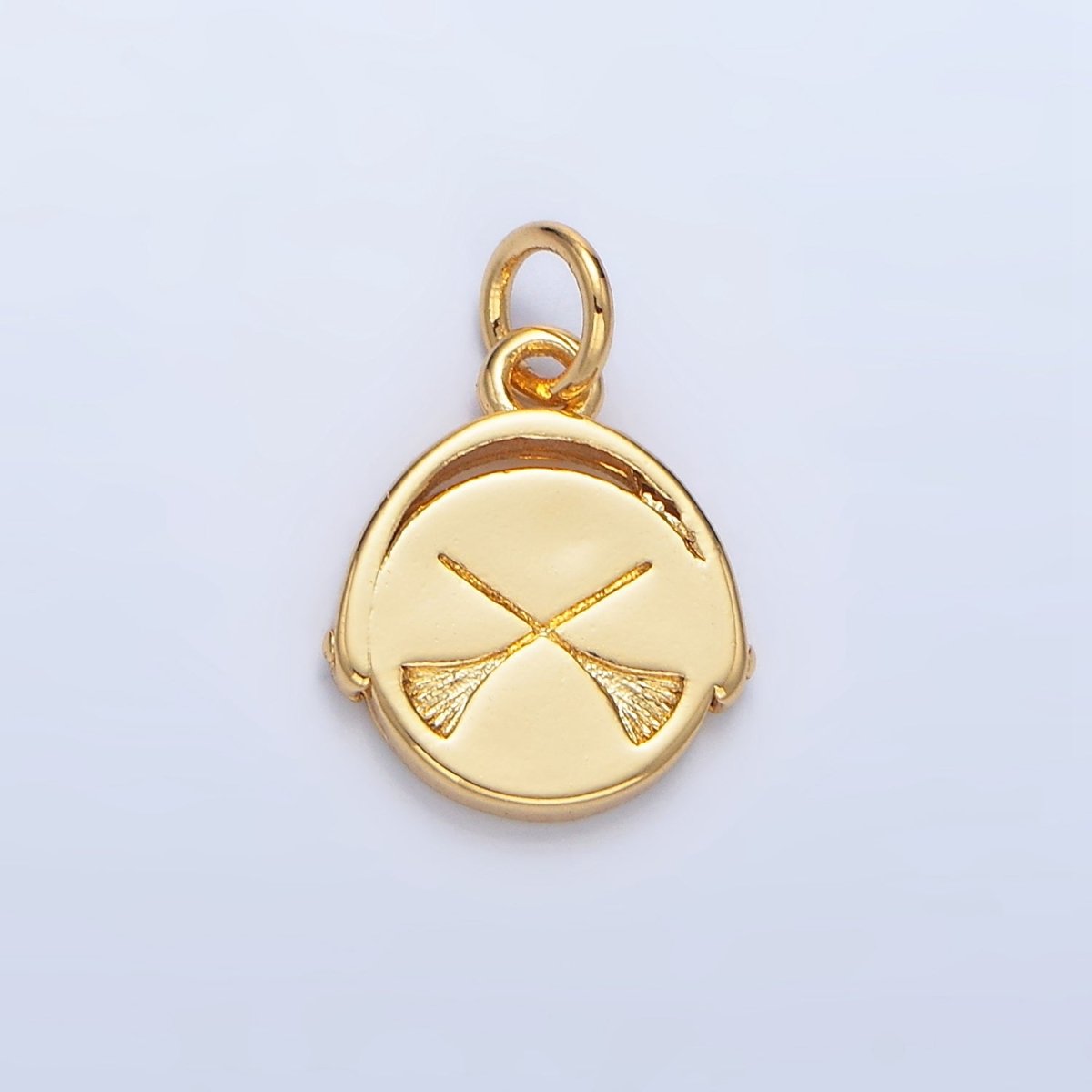 24K Gold Filled Double Sided Witch Hat Broom Stamped Round Charm in Gold & Silver | X908