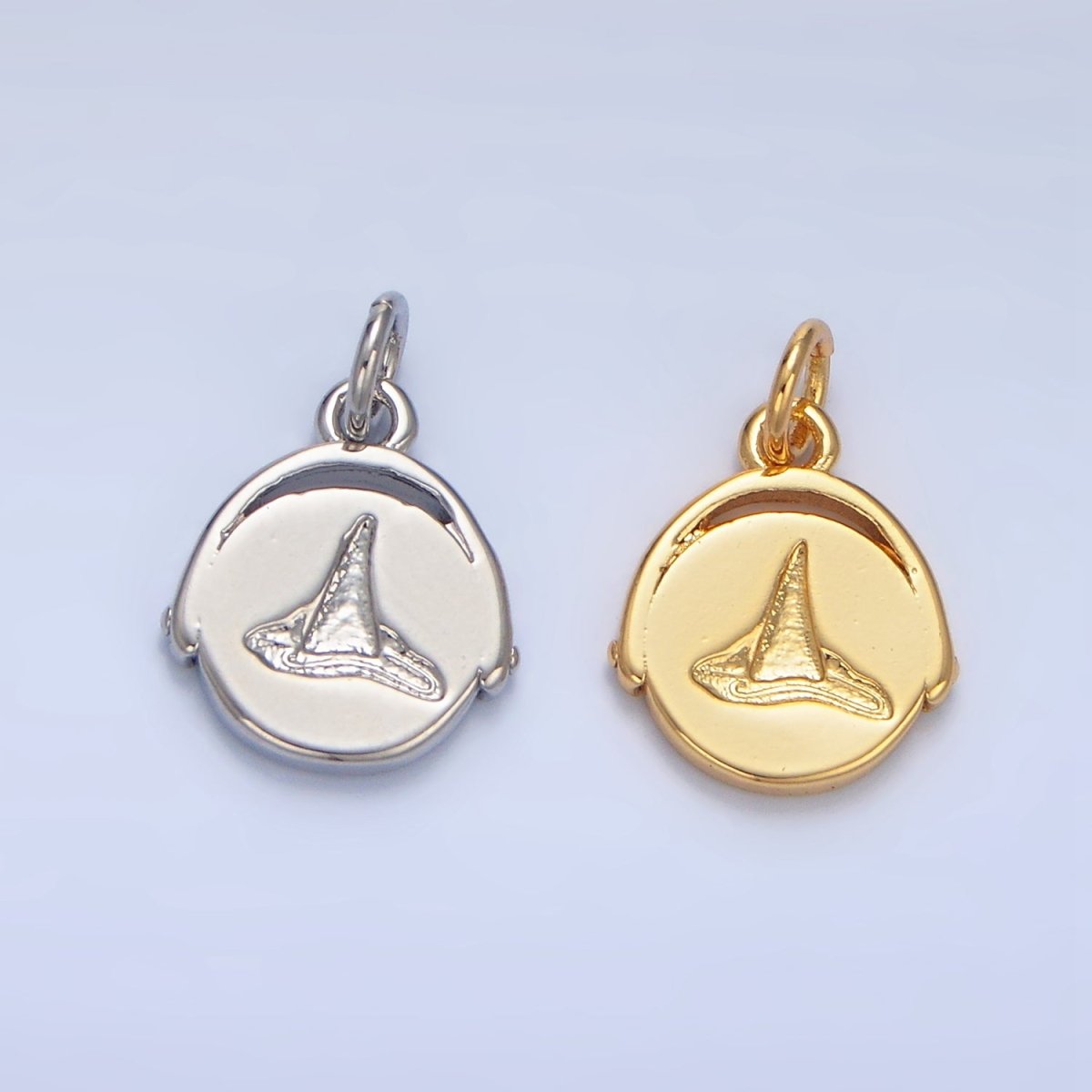 24K Gold Filled Double Sided Witch Hat Broom Stamped Round Charm in Gold & Silver | X908
