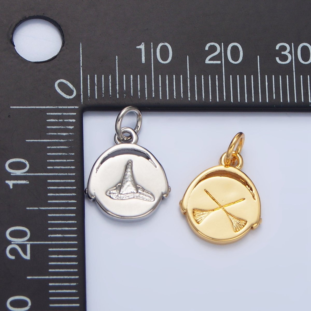 24K Gold Filled Double Sided Witch Hat Broom Stamped Round Charm in Gold & Silver | X908