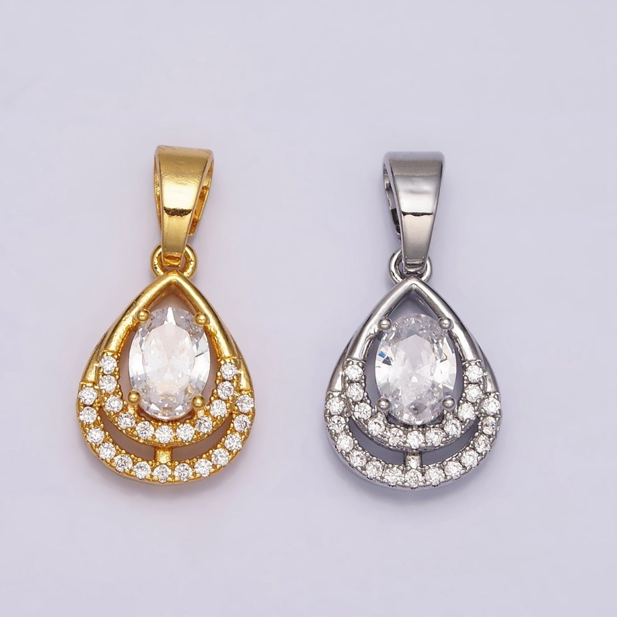 24K Gold Filled Double Teardrop Micro Paved Oval Clear CZ Open Pendant in Gold & Silver | AA449 AA450