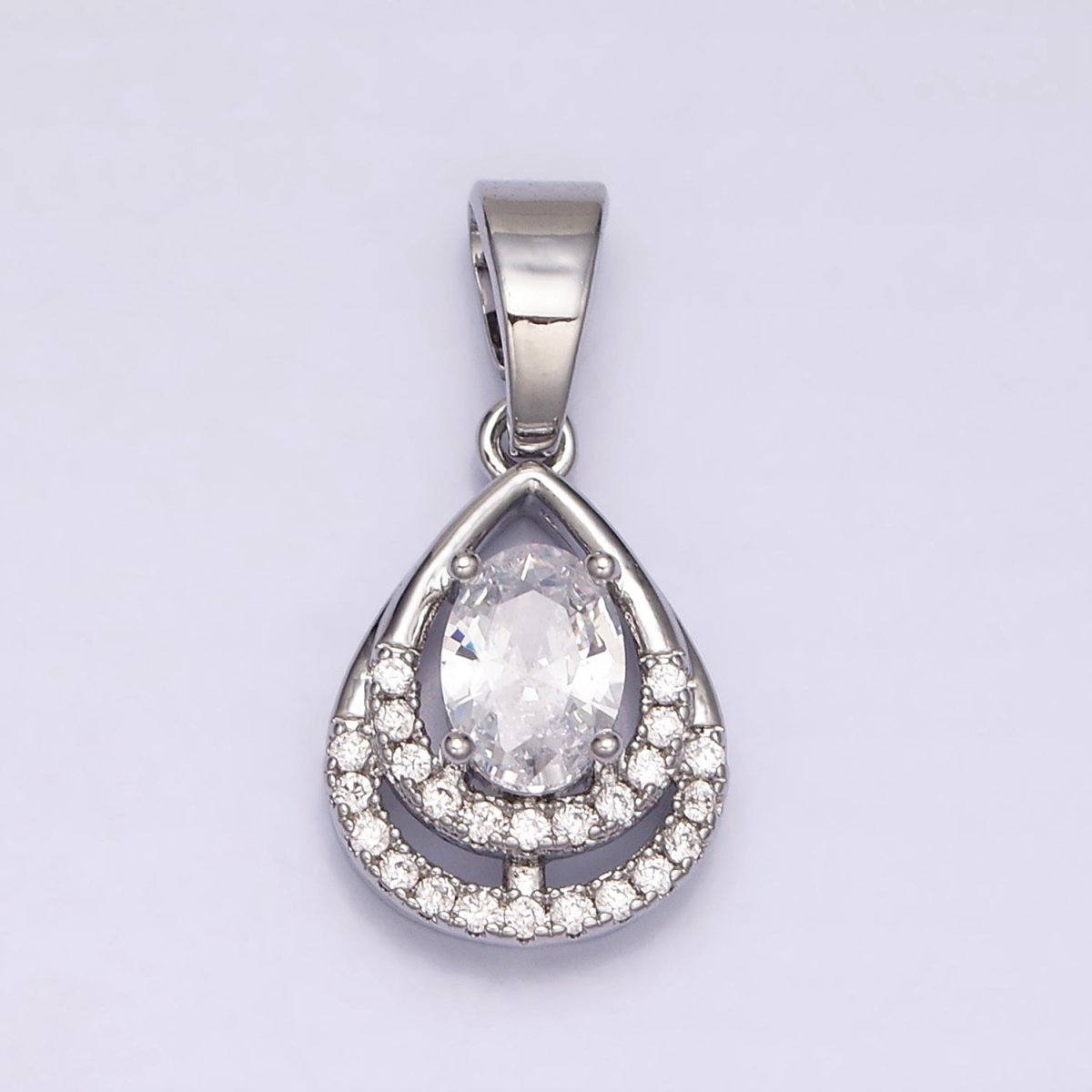24K Gold Filled Double Teardrop Micro Paved Oval Clear CZ Open Pendant in Gold & Silver | AA449 AA450
