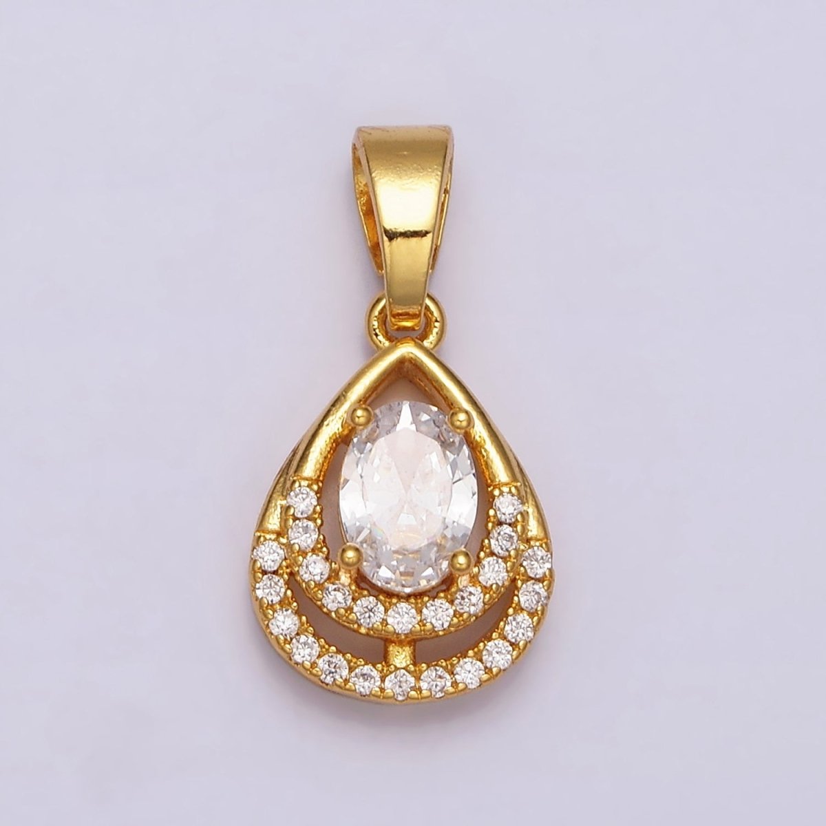 24K Gold Filled Double Teardrop Micro Paved Oval Clear CZ Open Pendant in Gold & Silver | AA449 AA450