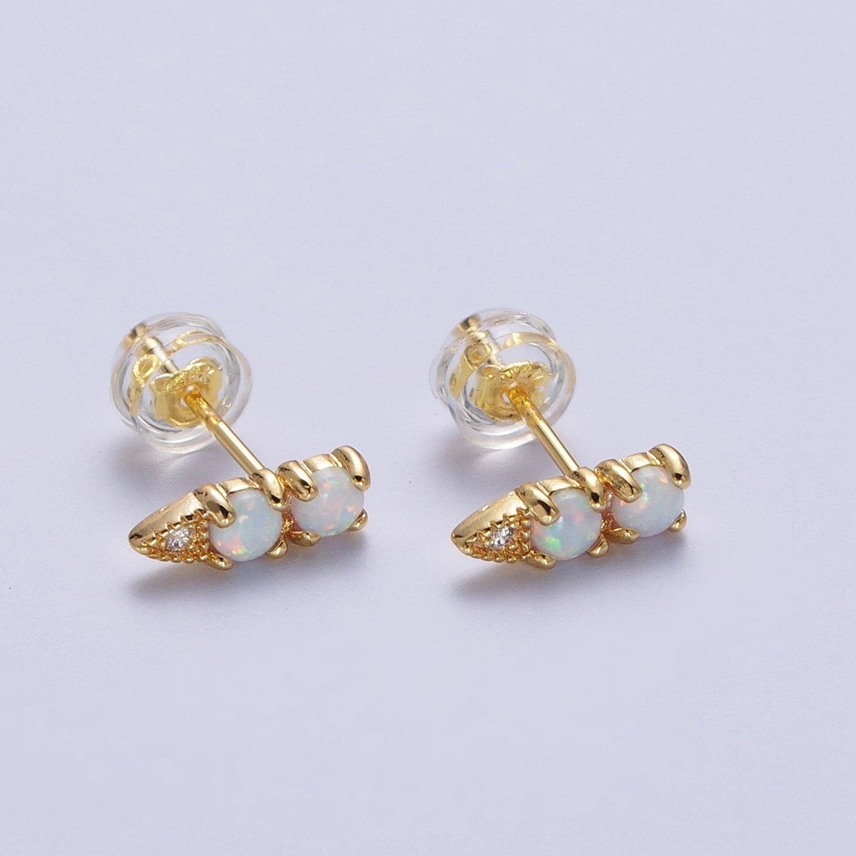 24K Gold Filled Double Two Round White Opal CZ Arrow Stud Earrings | Y-041 - DLUXCA