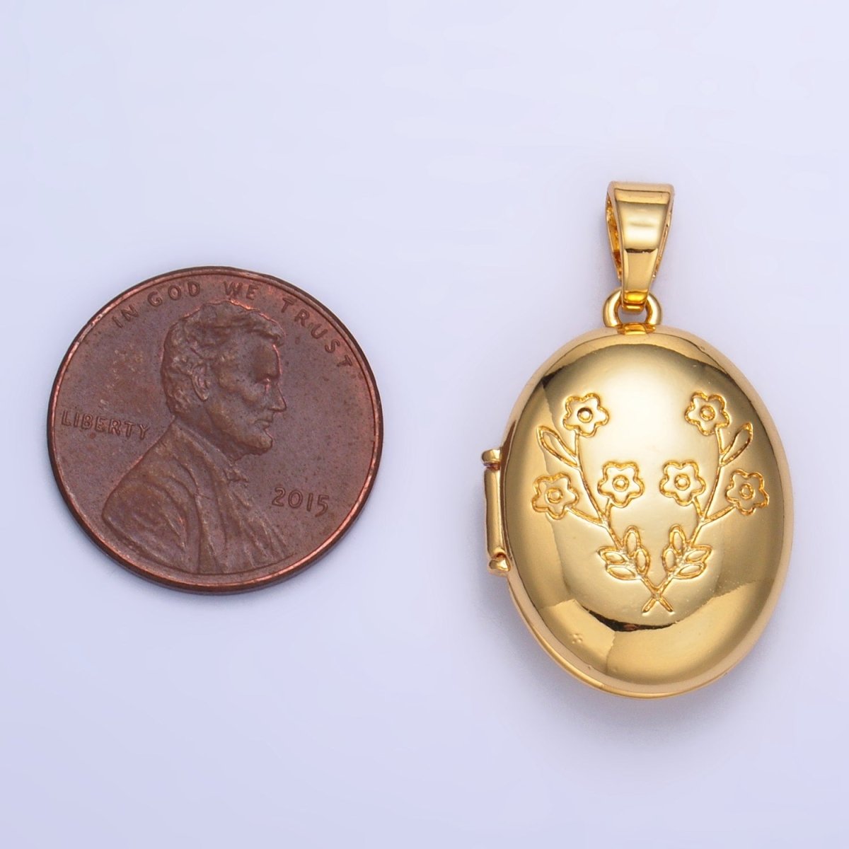 24K Gold Filled Dual Flower Engraved Oval Locket Pendant in Gold & Silver | AA1007