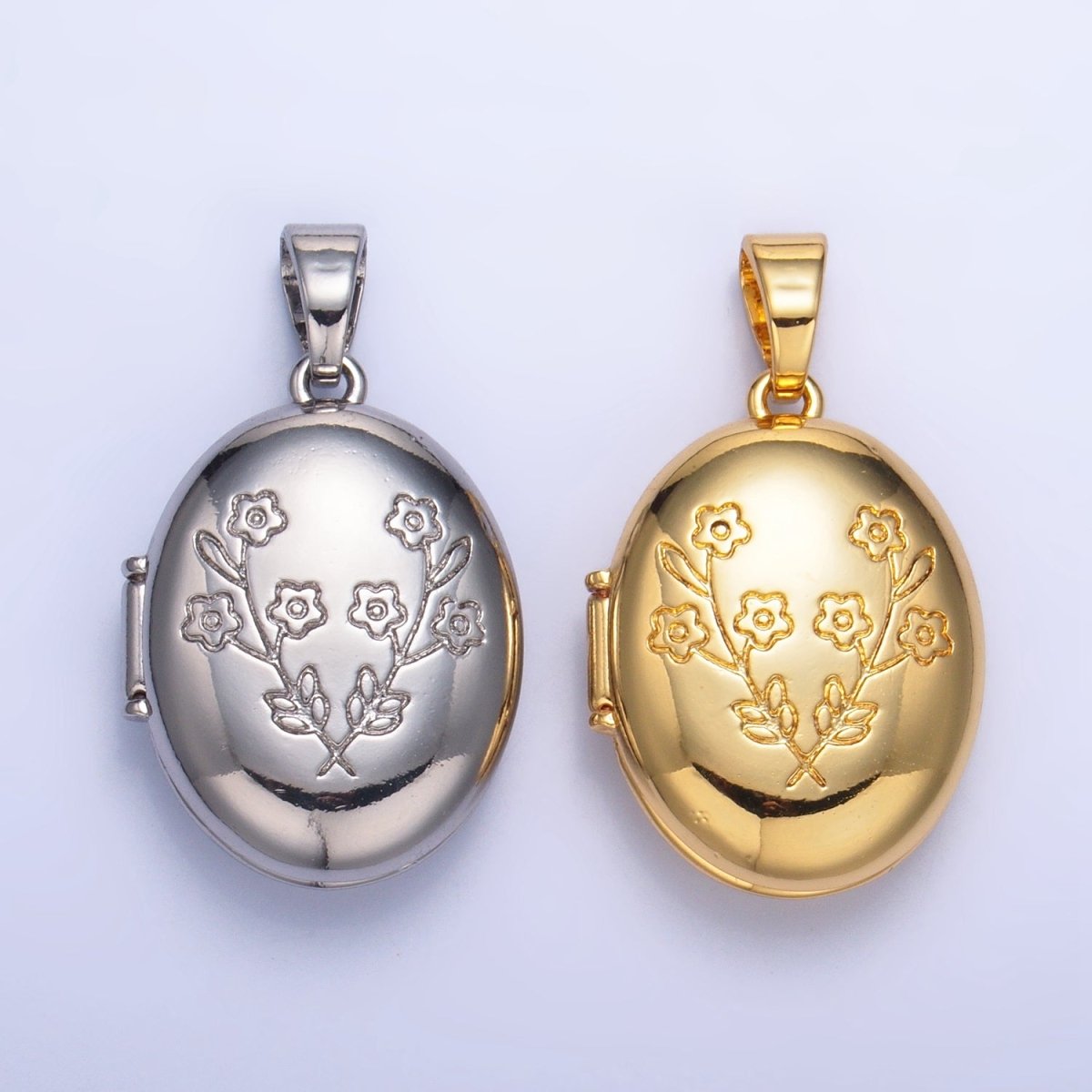 24K Gold Filled Dual Flower Engraved Oval Locket Pendant in Gold & Silver | AA1007