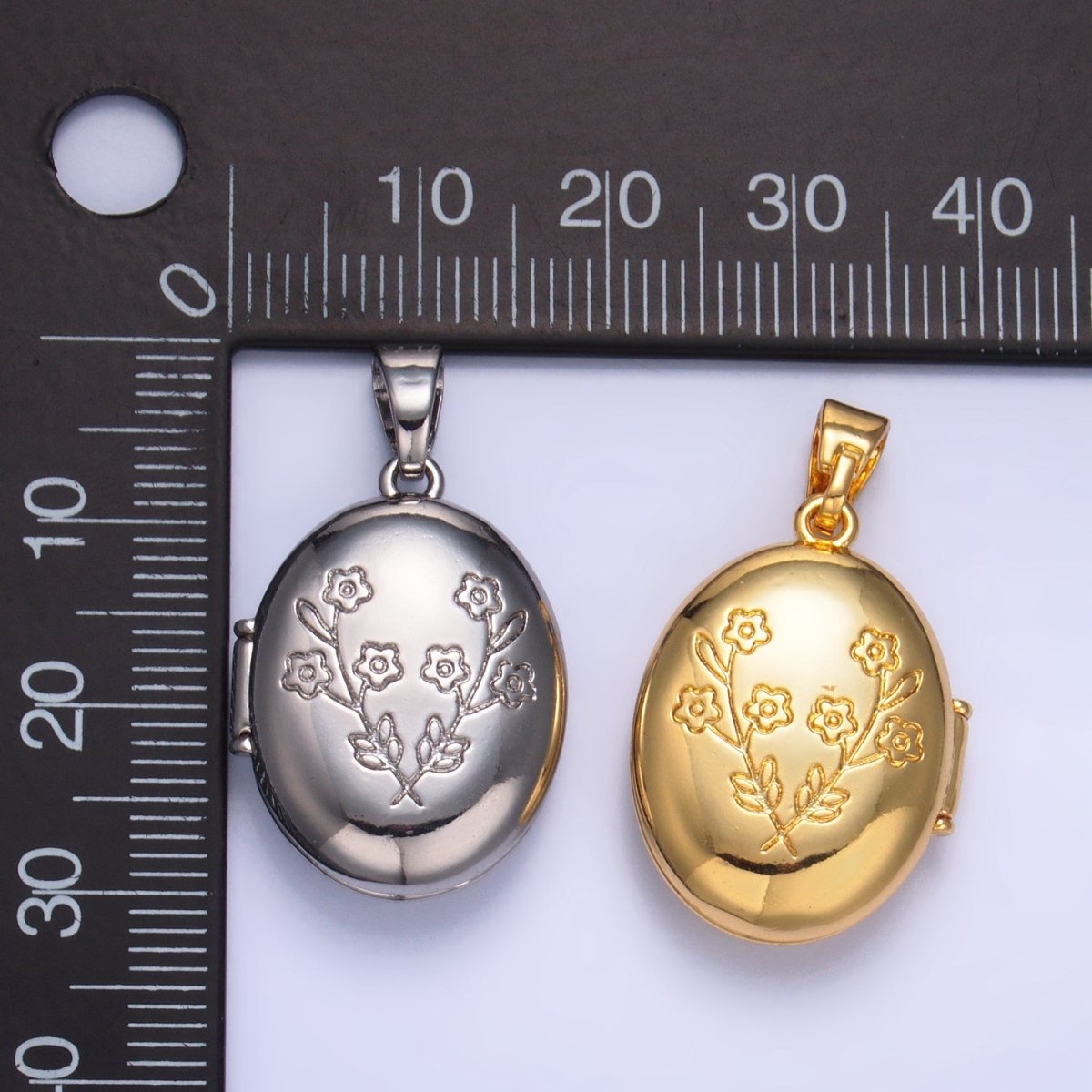 24K Gold Filled Dual Flower Engraved Oval Locket Pendant in Gold & Silver | AA1007