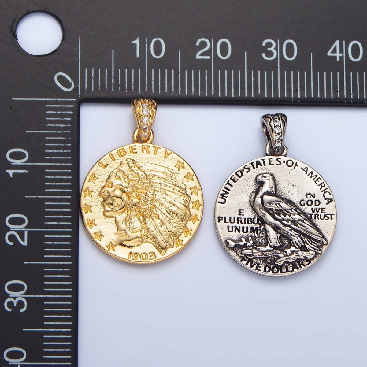 24K Gold Filled "E PLURIBUS UNUM" Eagle Indigenous America Double Sided Coin Pendant in Gold & Oxidized Silver | AA940