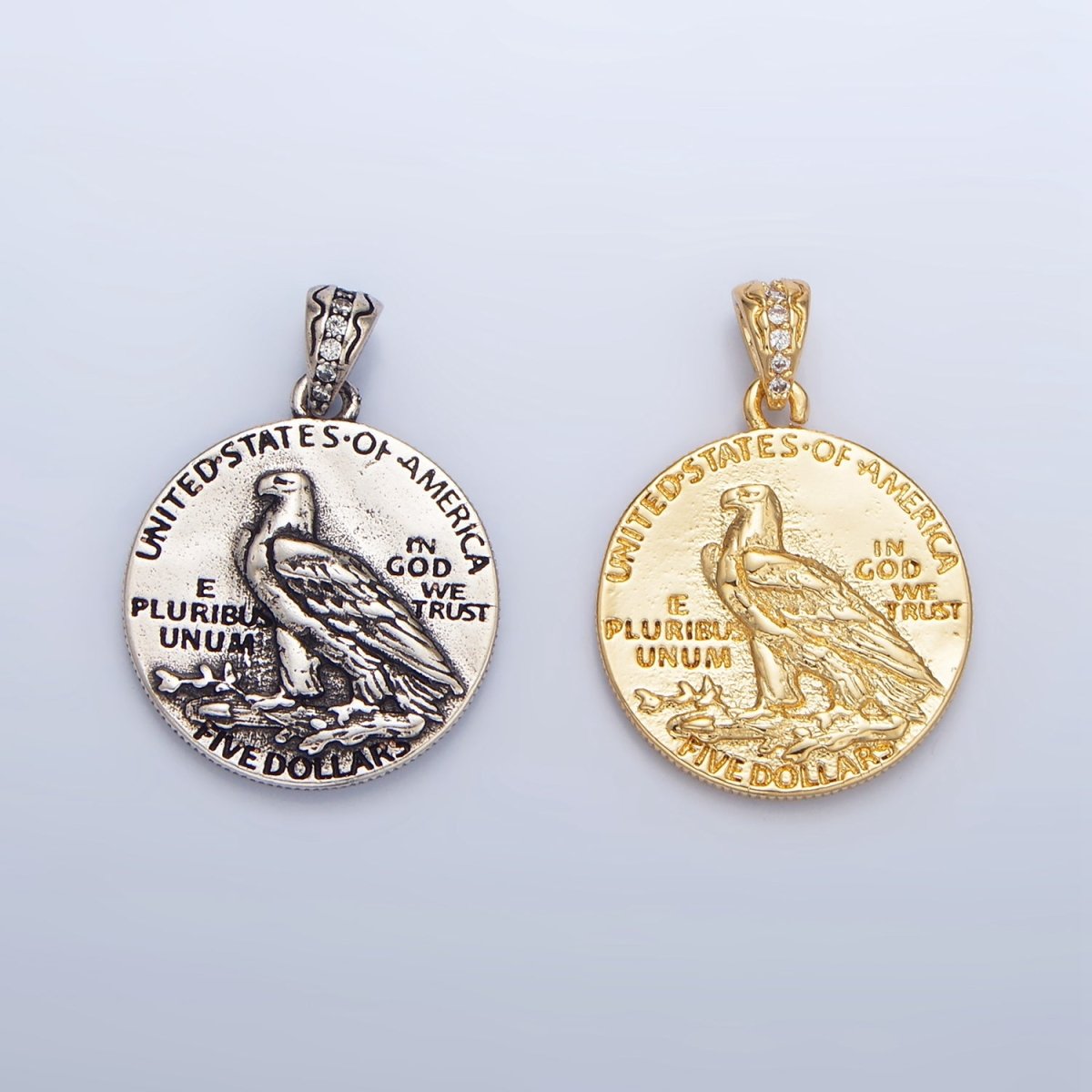 24K Gold Filled "E PLURIBUS UNUM" Eagle Indigenous America Double Sided Coin Pendant in Gold & Oxidized Silver | AA940