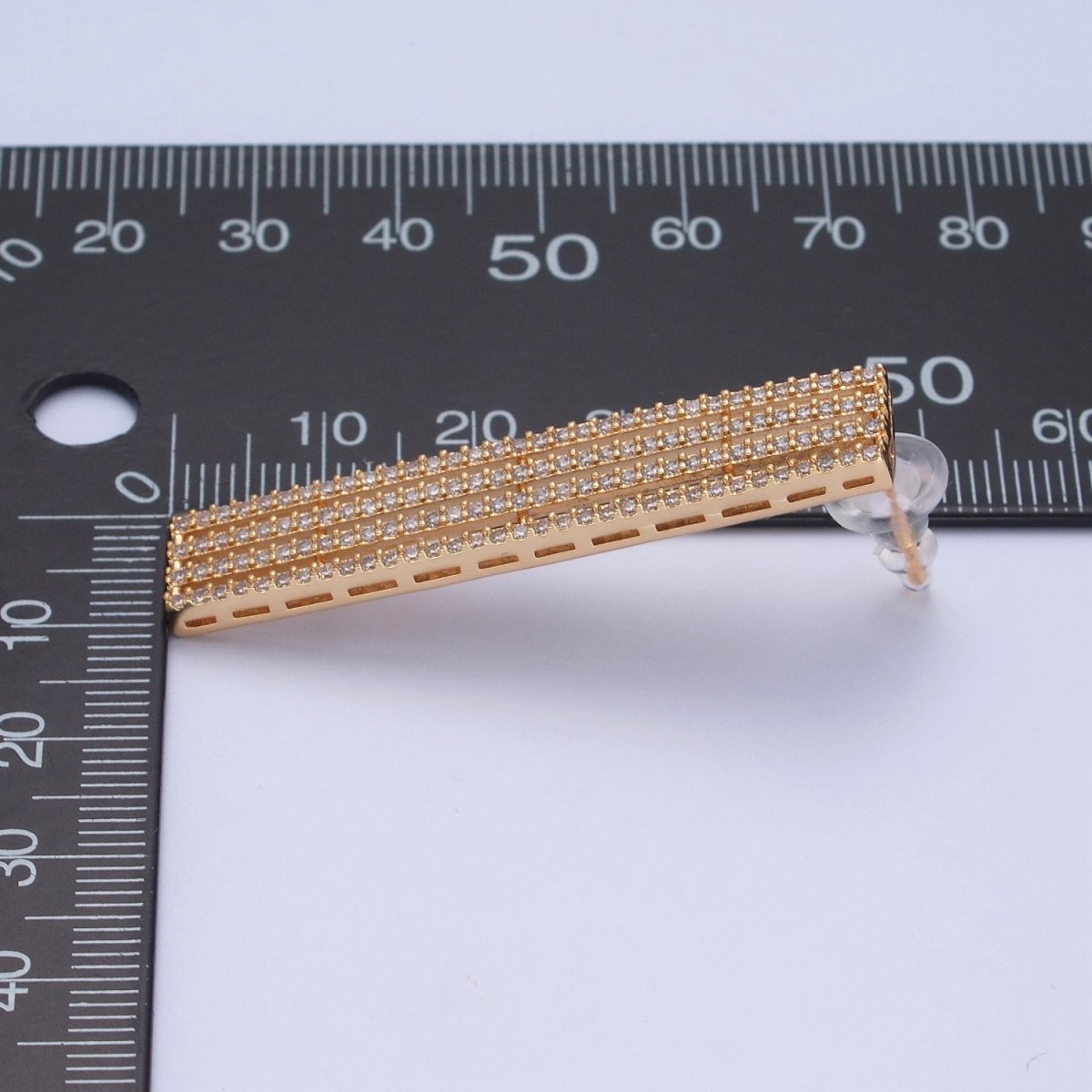 24K Gold Filled Elongated Micro Pave Bar Stud Earrings P-309 - DLUXCA