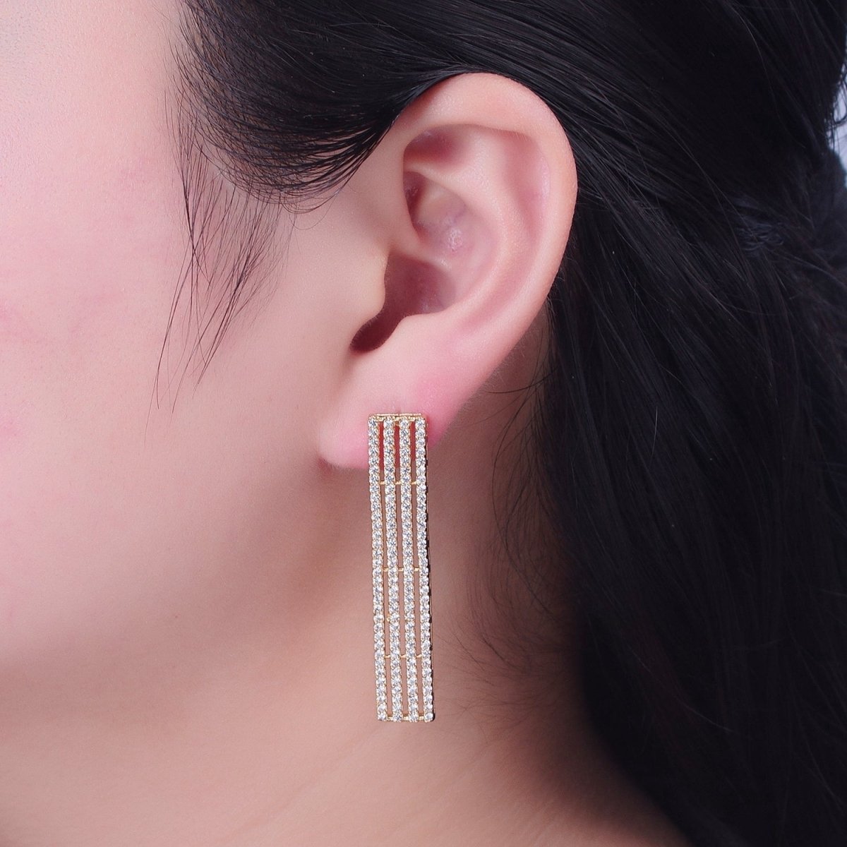 24K Gold Filled Elongated Micro Pave Bar Stud Earrings P-309 - DLUXCA