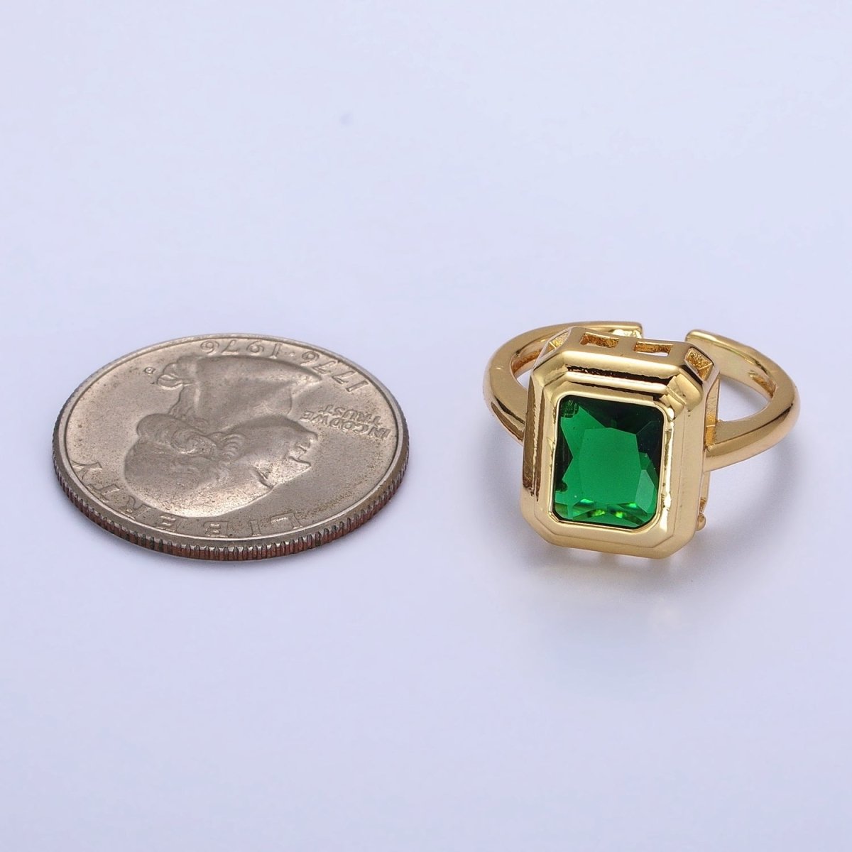 24K Gold Filled Emerald Green Baguette CZ Adjustable Ring in Gold & Silver | R-231 R-251
