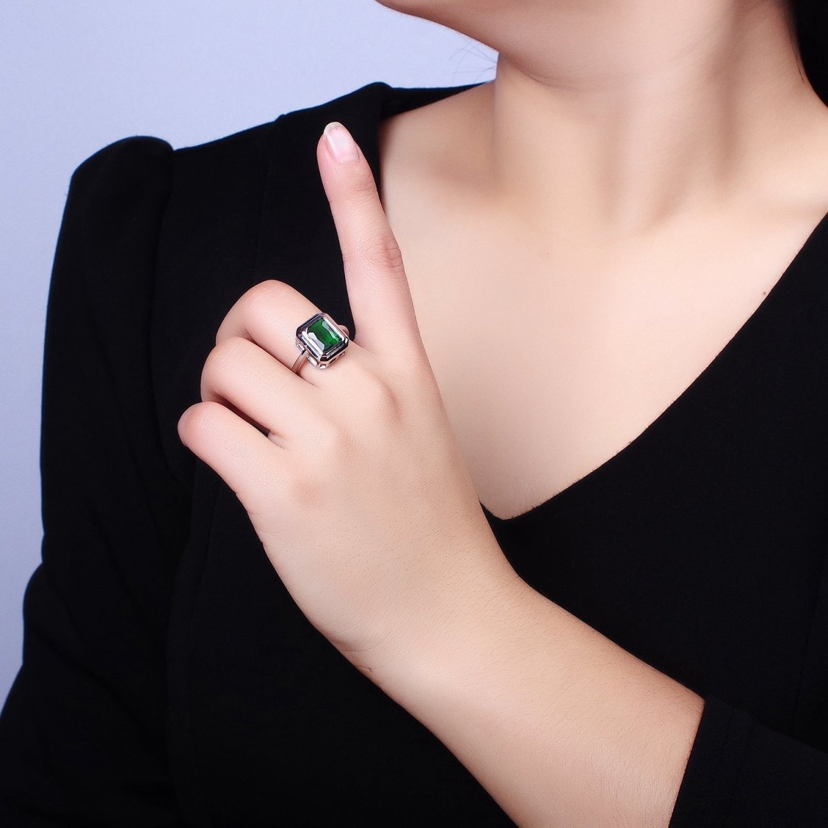 24K Gold Filled Emerald Green Baguette CZ Adjustable Ring in Gold & Silver | R-231 R-251