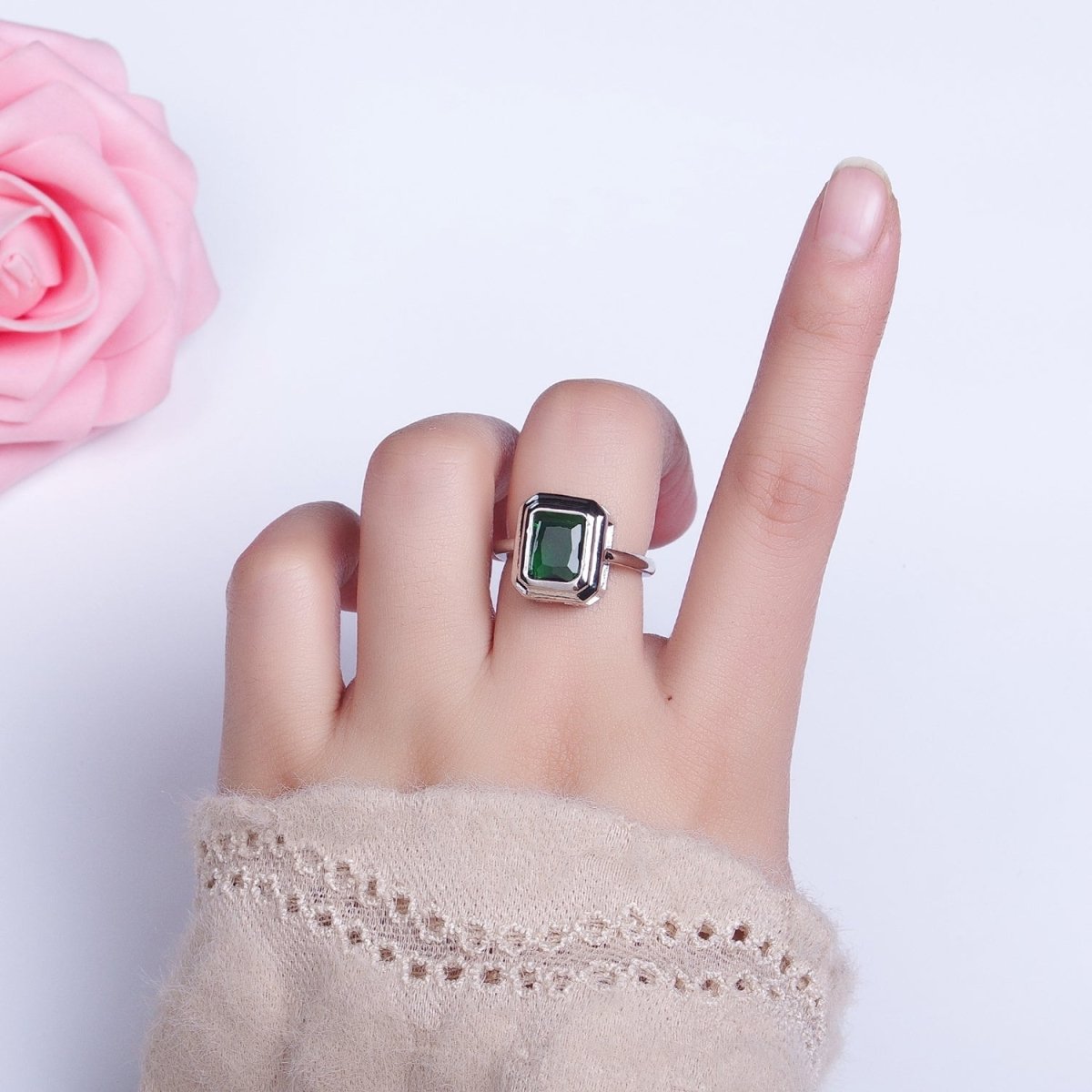 24K Gold Filled Emerald Green Baguette CZ Adjustable Ring in Gold & Silver | R-231 R-251