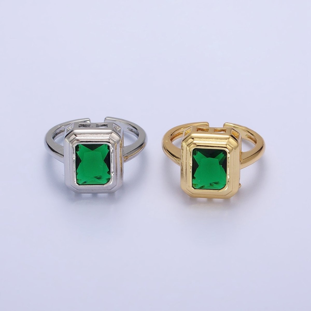 24K Gold Filled Emerald Green Baguette CZ Adjustable Ring in Gold & Silver | R-231 R-251