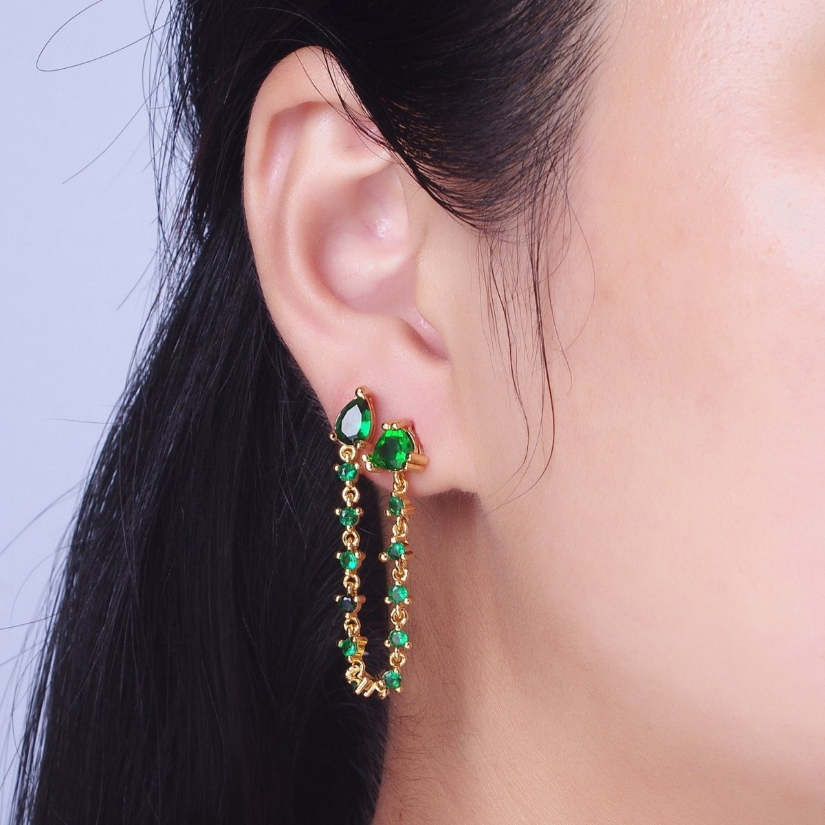 24K Gold Filled Emerald Green Double Cubic Zirconia Teardrop Round Stud Chain Earring | AE-1055 - DLUXCA
