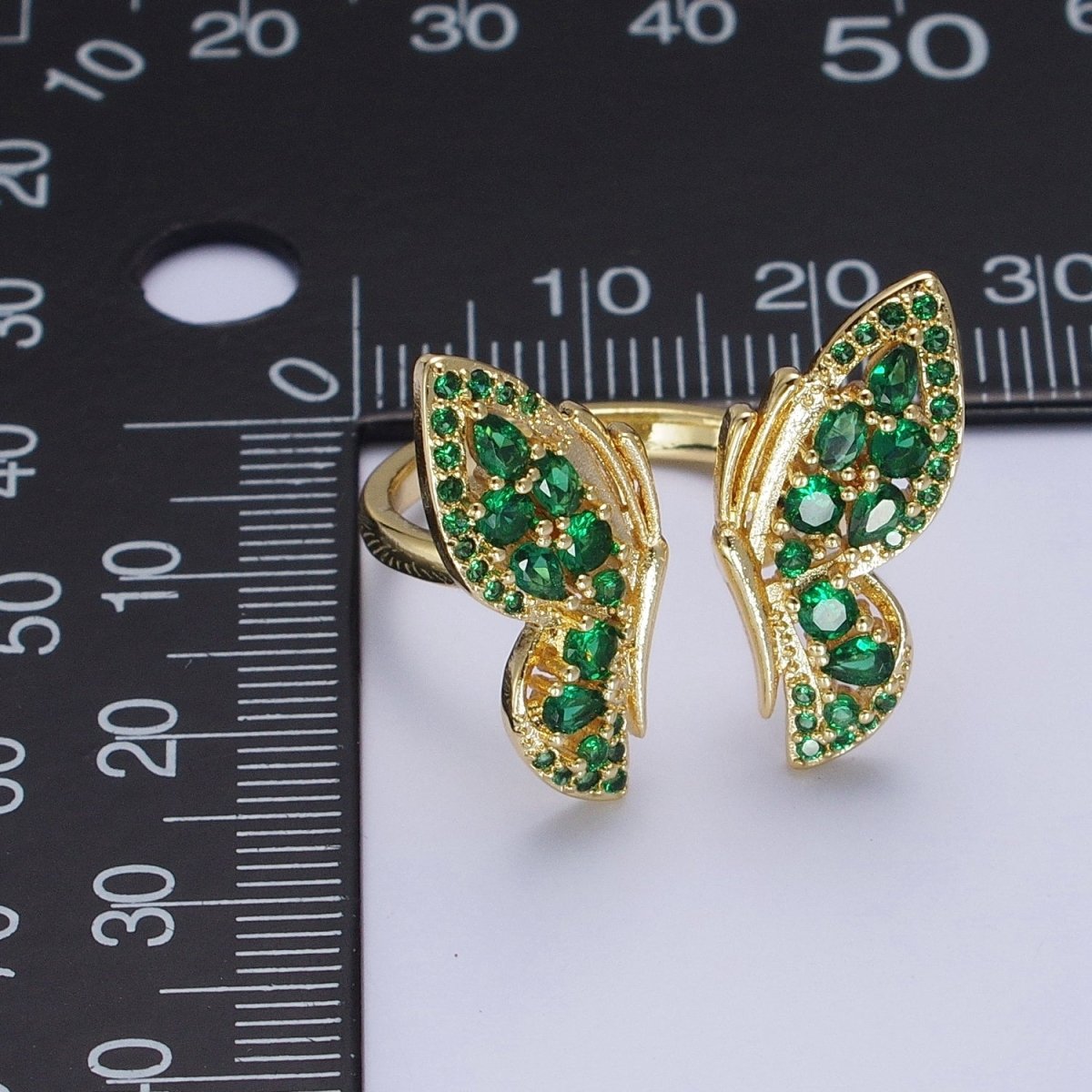24K Gold Filled Emerald Green Micro Pave Cubic Zirconia Butterfly Mariposa Wings Open Adjustable Ring | X-600 - DLUXCA