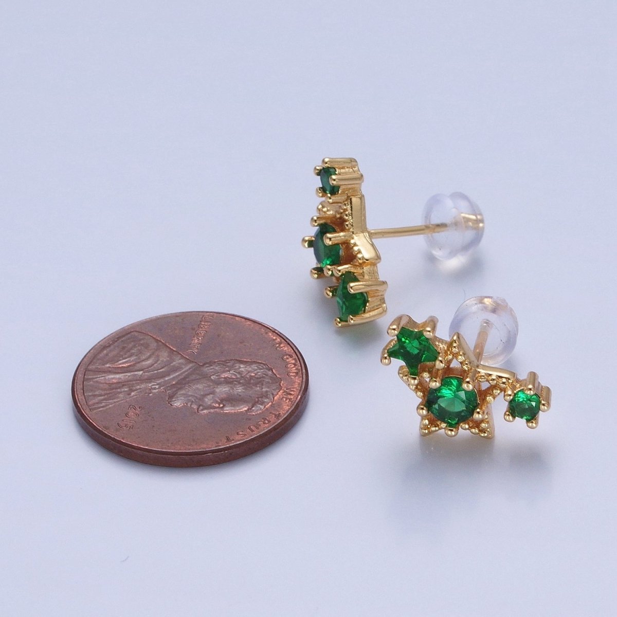 24K Gold Filled Emerald Green Star Studs, Celestial Night Cubic Zirconia CZ Earrings V-432 - DLUXCA