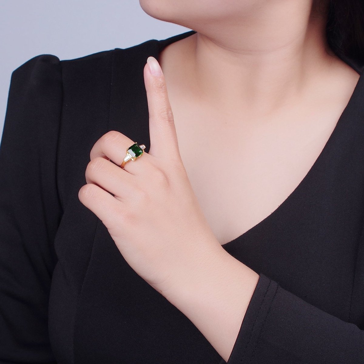 24K Gold Filled Emerald Promise Ring, Green & Clear Baguette Cubic Zirconia CZ Ring O-2294 - DLUXCA