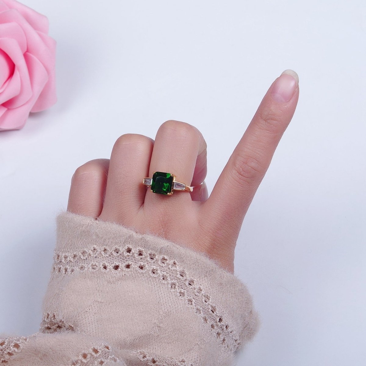 24K Gold Filled Emerald Promise Ring, Green & Clear Baguette Cubic Zirconia CZ Ring O-2294 - DLUXCA