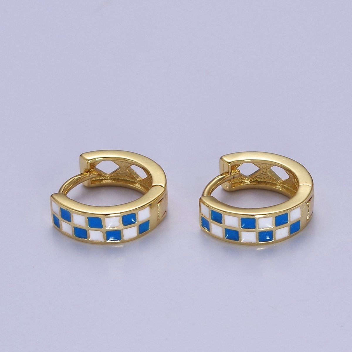 24K Gold Filled Enamel Checker Hoops Earring Retro Gold Huggie Earrings V131 V132