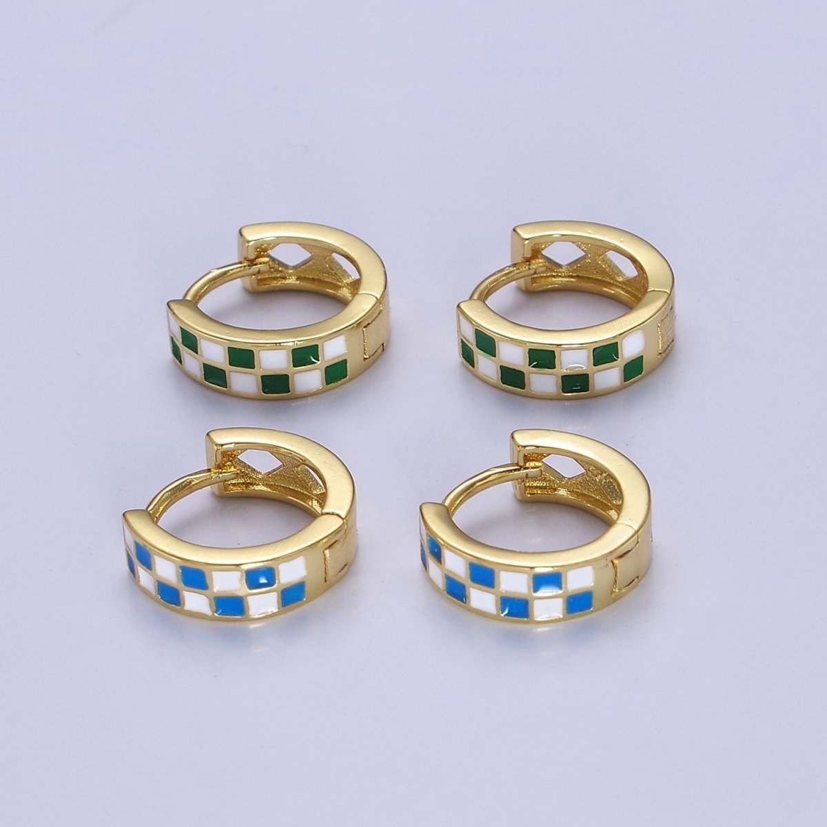 24K Gold Filled Enamel Checker Hoops Earring Retro Gold Huggie Earrings V131 V132