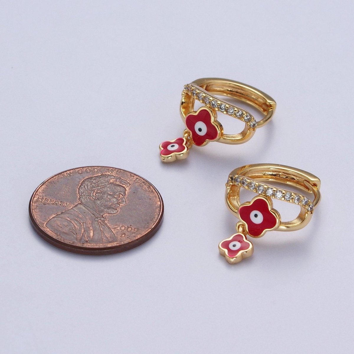 24K Gold Filled Enamel Evil Eye Quatrefoil Clover-Shaped Dangle Micro Paved CZ Huggie Hoop Earrings | AD-489~AD-491