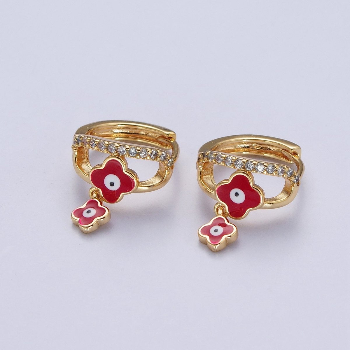 24K Gold Filled Enamel Evil Eye Quatrefoil Clover-Shaped Dangle Micro Paved CZ Huggie Hoop Earrings | AD-489~AD-491