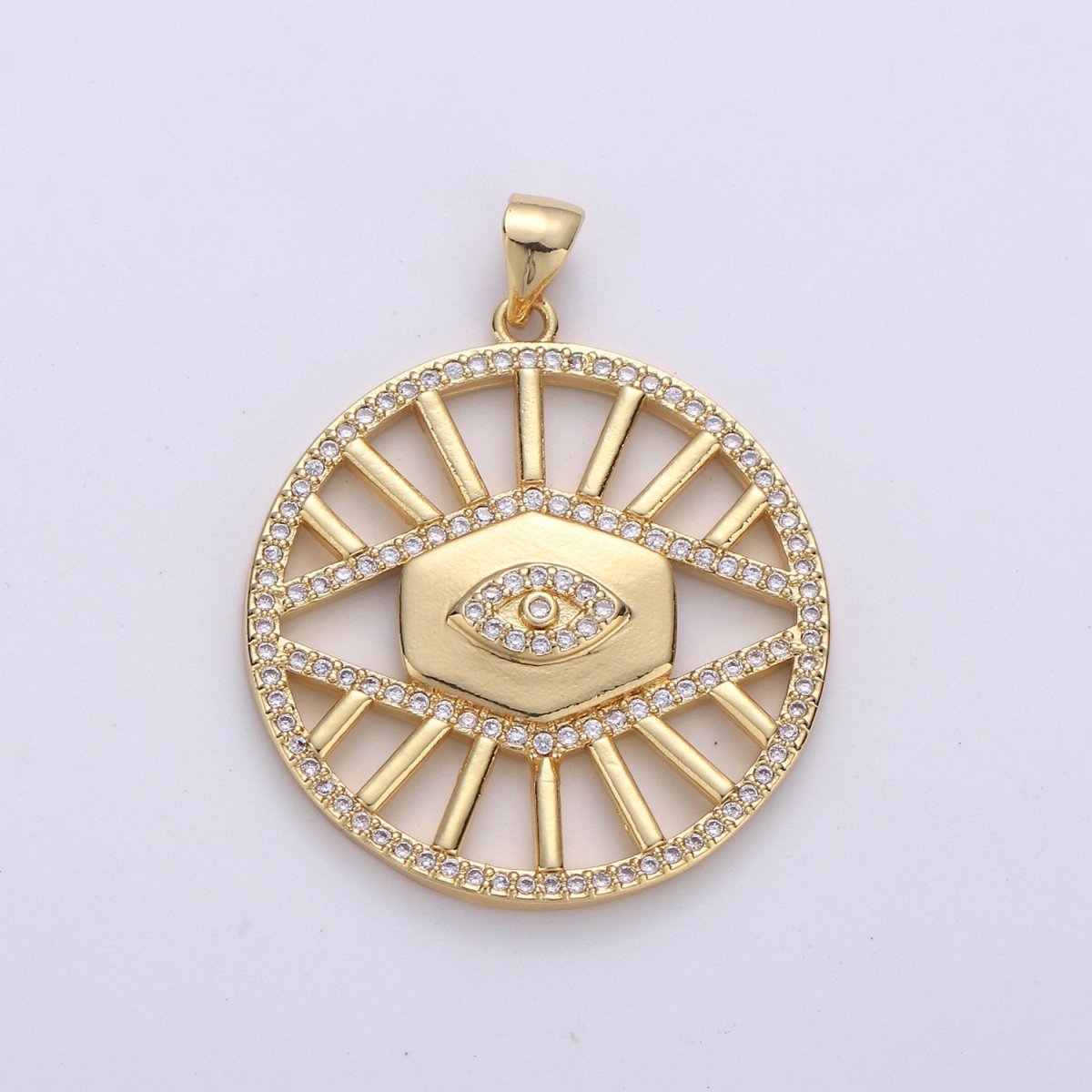 24k Gold Filled Evil Eye Charm Micro Pave Cubic Zirconia Round Evil Eye Pendant Charm for Medallion Necklace Component D-085