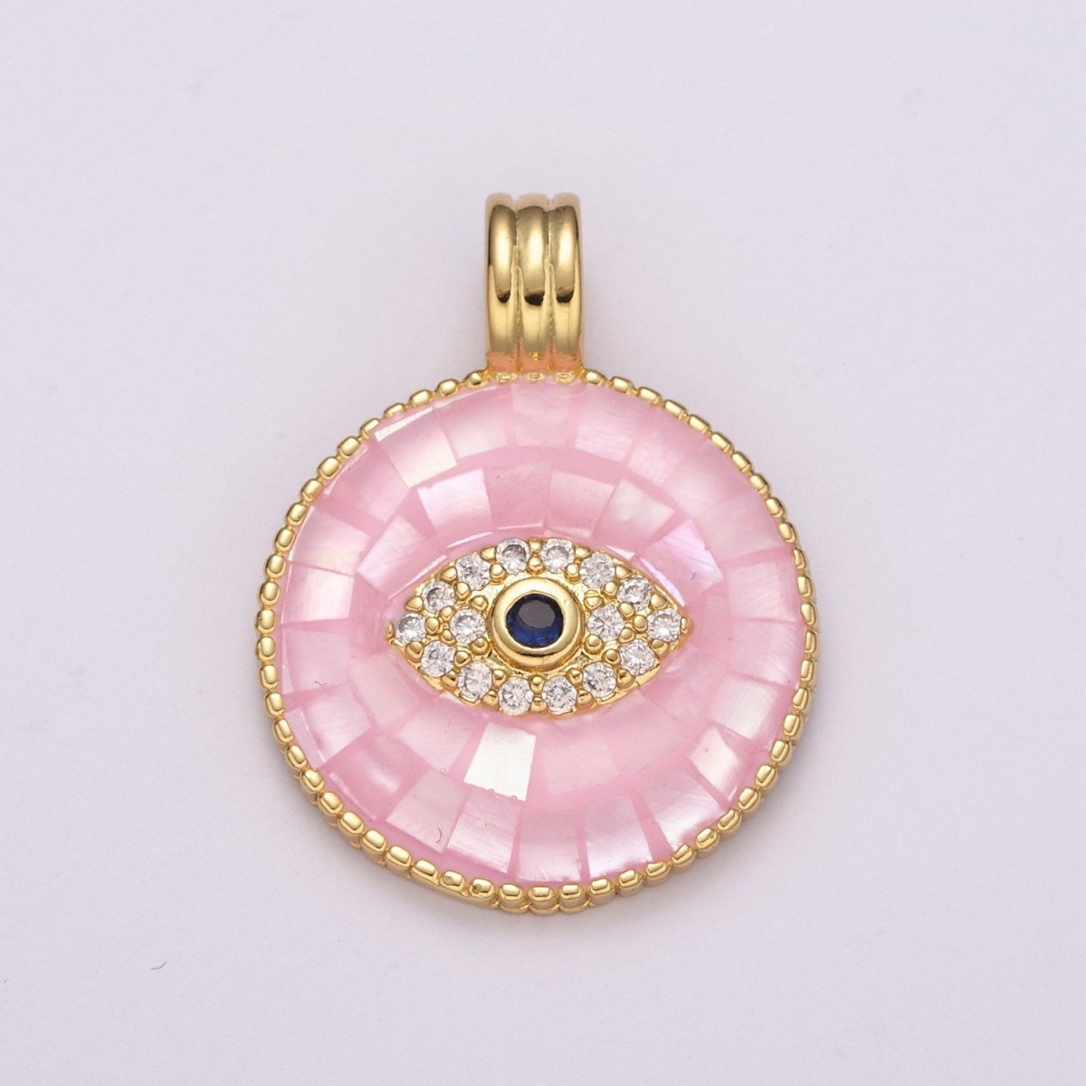 24K Gold Filled Evil Eye Charm Necklace -Round Circle Evil Eye Pendant Necklace - Dainty Pink White Necklace Evil Eye Charm - Layered Necklace for Women N-1481 N-1482