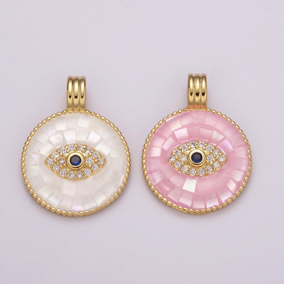 24K Gold Filled Evil Eye Charm Necklace -Round Circle Evil Eye Pendant Necklace - Dainty Pink White Necklace Evil Eye Charm - Layered Necklace for Women N-1481 N-1482