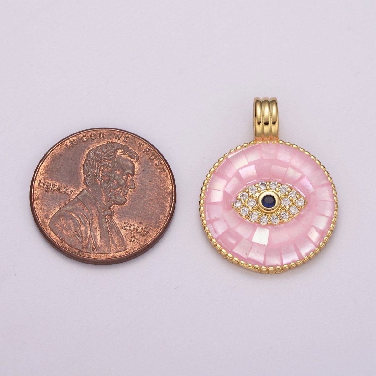 24K Gold Filled Evil Eye Charm Necklace -Round Circle Evil Eye Pendant Necklace - Dainty Pink White Necklace Evil Eye Charm - Layered Necklace for Women N-1481 N-1482