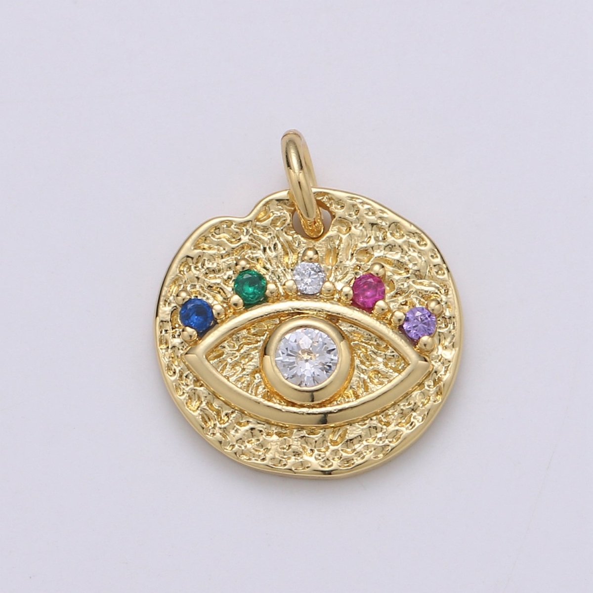 24K Gold Filled Evil Eye Coin Charm Round Disc Evil Eye Pendant Necklace, Gold Medallion Rustic Charm Cubic Eye Charm D-873