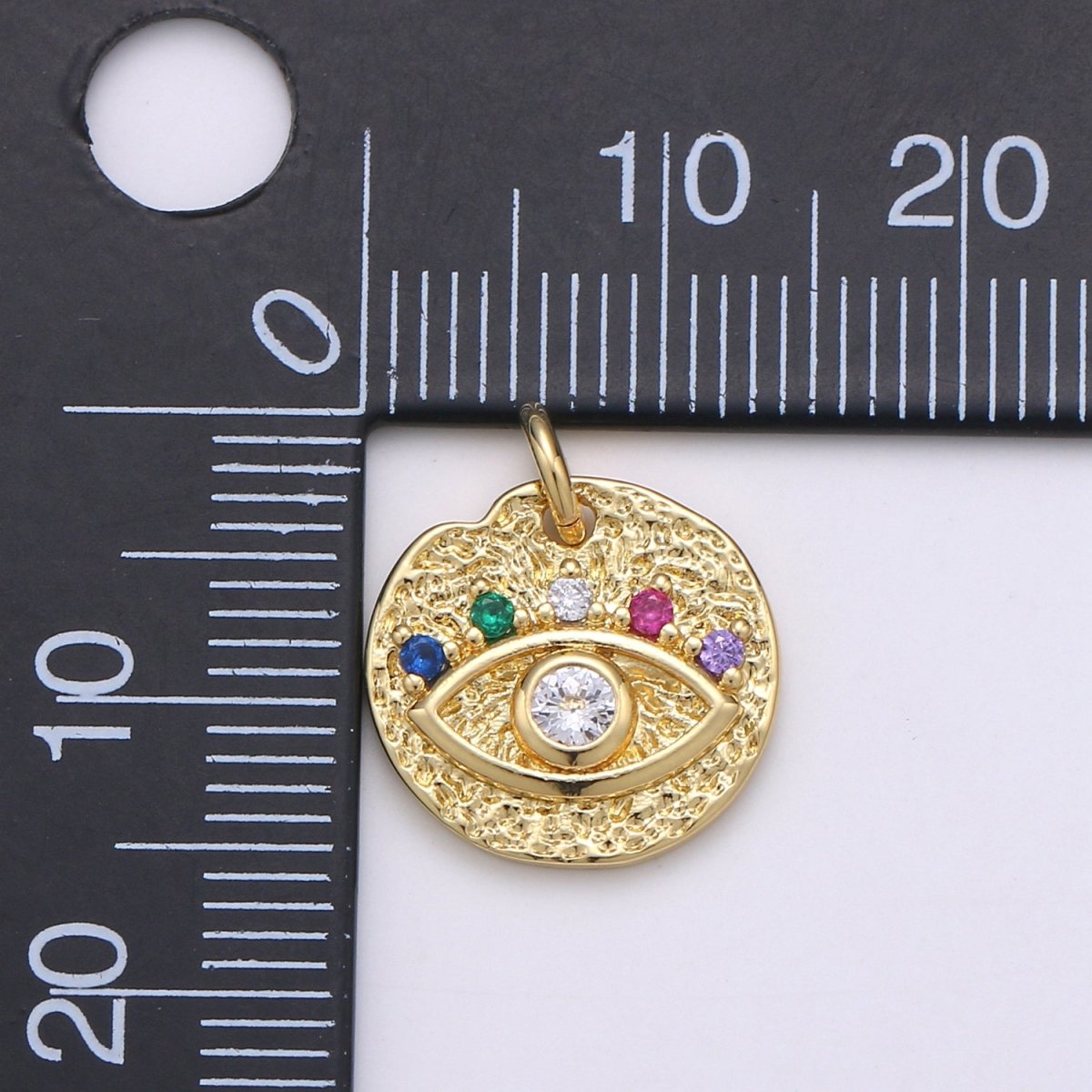 24K Gold Filled Evil Eye Coin Charm Round Disc Evil Eye Pendant Necklace, Gold Medallion Rustic Charm Cubic Eye Charm D-873