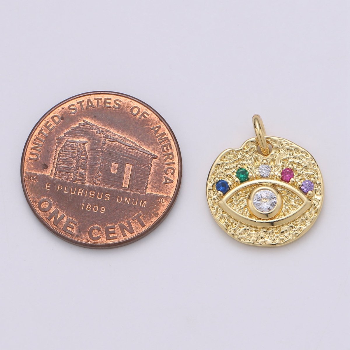 24K Gold Filled Evil Eye Coin Charm Round Disc Evil Eye Pendant Necklace, Gold Medallion Rustic Charm Cubic Eye Charm D-873