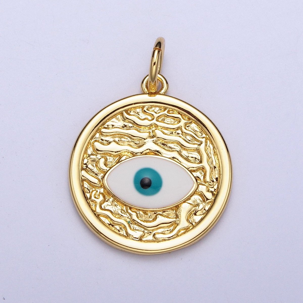 24K Gold Filled Evil Eye Enamel Textured Round Charm E-457 - DLUXCA