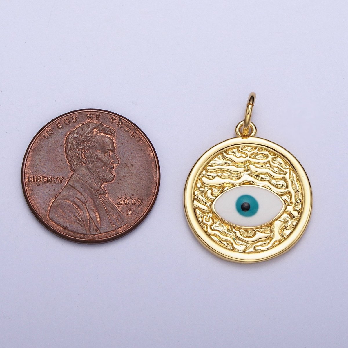 24K Gold Filled Evil Eye Enamel Textured Round Charm E-457 - DLUXCA