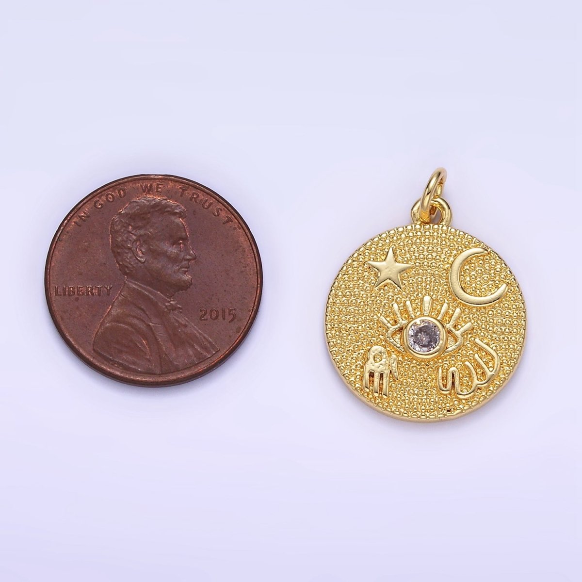 24K Gold Filled Evil Eye Hamsa Hand Celestial Textured Round Charm | E347 - DLUXCA